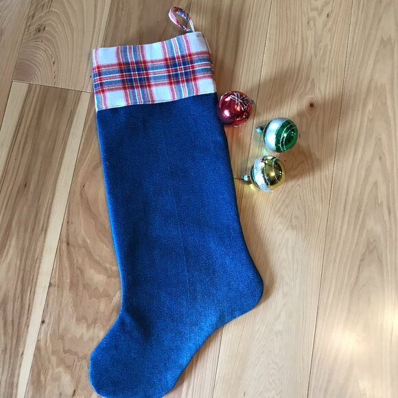Denim Christmas Stocking: Lake House Christmas Decor, Pontoon Boating Fishing - Picture 3 of 8